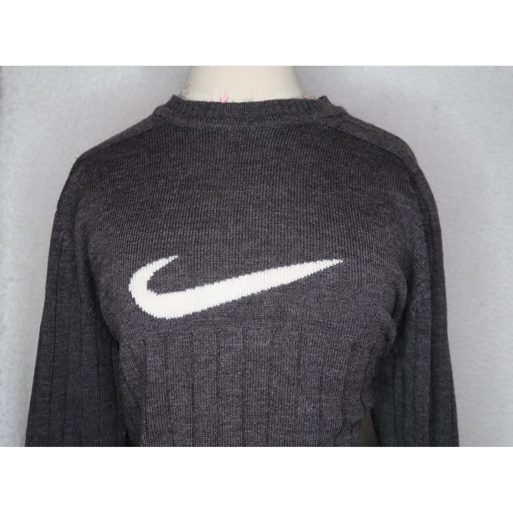 Nike Vintage Gray Knit Sweater Women's M / White Swoosh Logo Crewneck Pullover - Picture 3 of 10